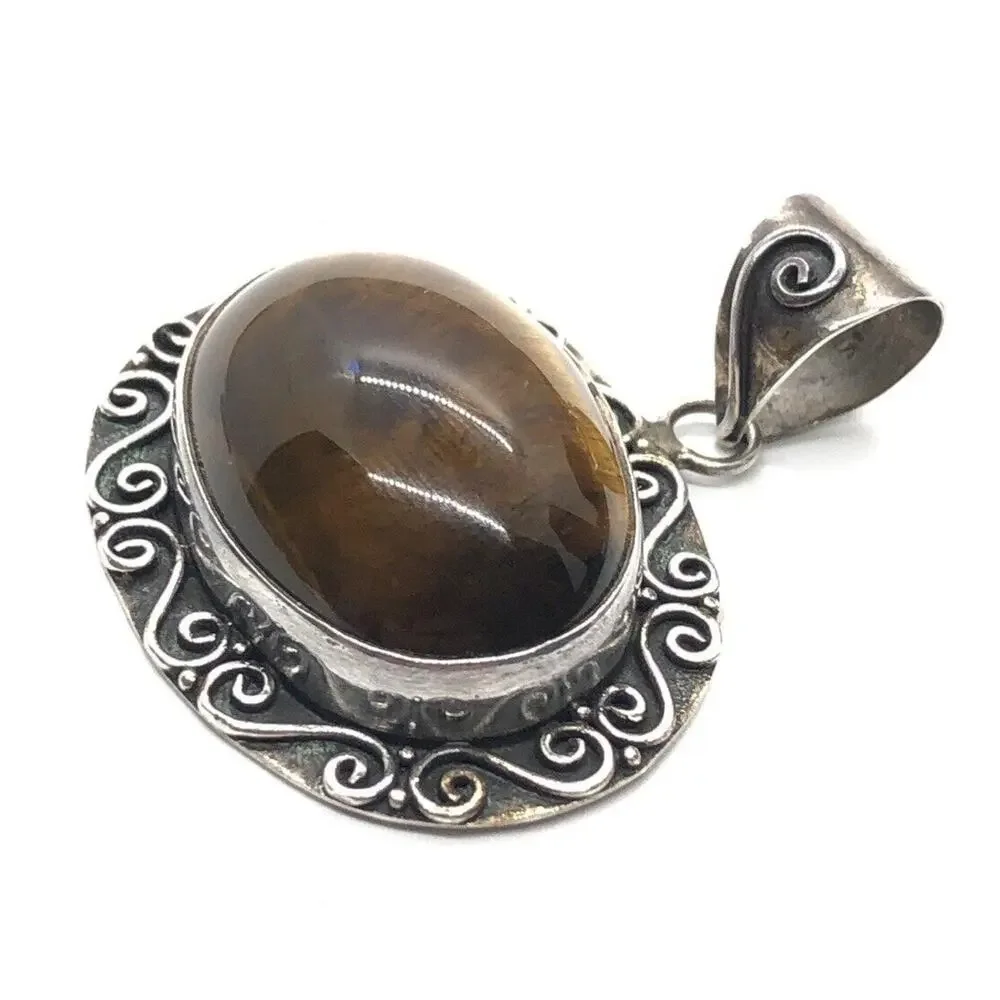 Vintage Sterling Silver Necklace 925 Pendant Tigers Eye Brown Stone